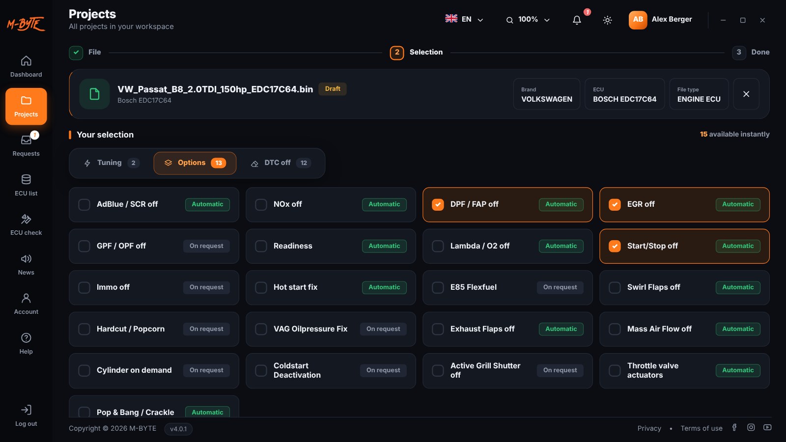 M-BYTE desktop app – detected ECU, automatic solutions and DTC list