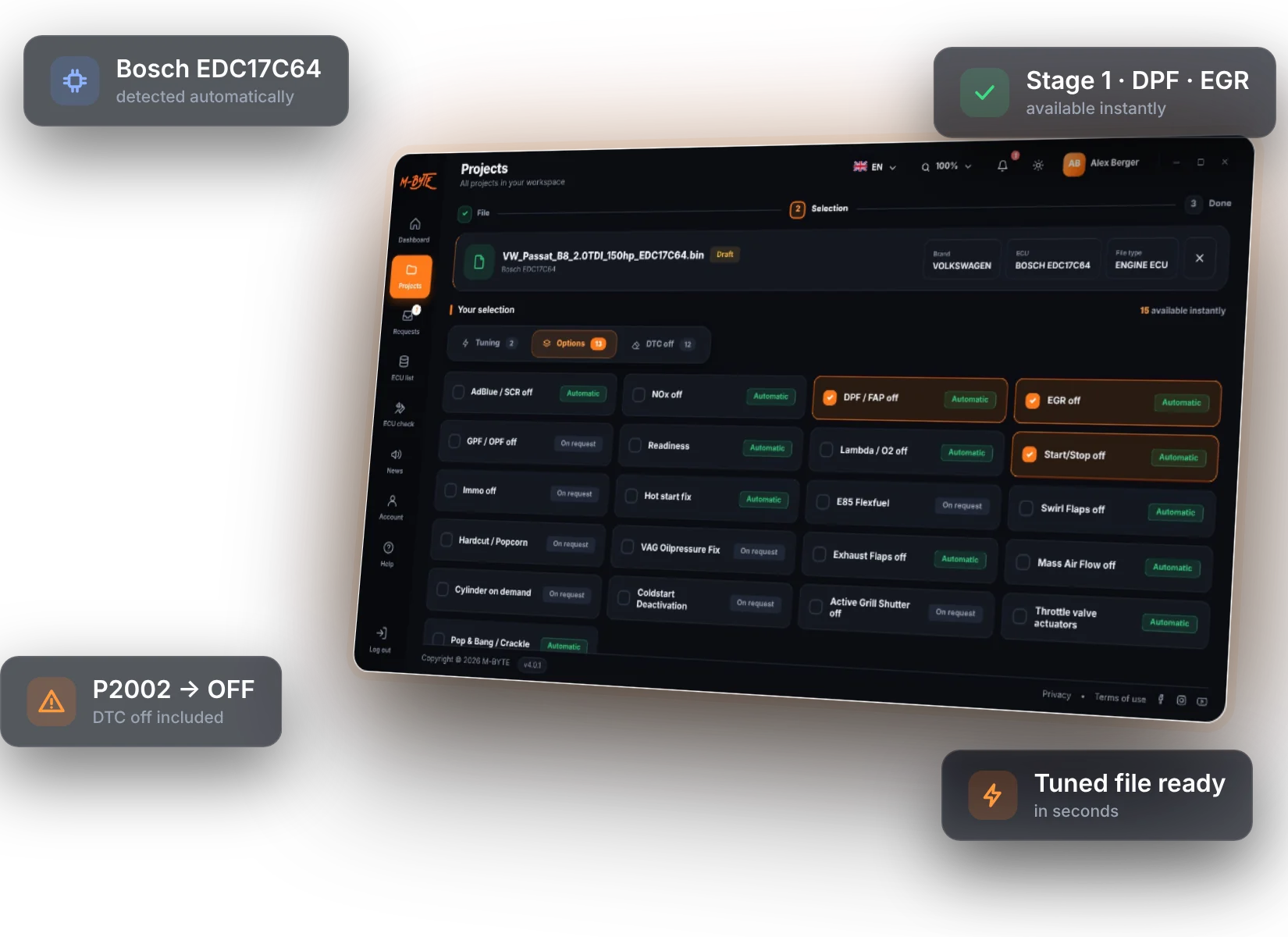 M-BYTE desktop app – detected ECU, automatic solutions and DTC list